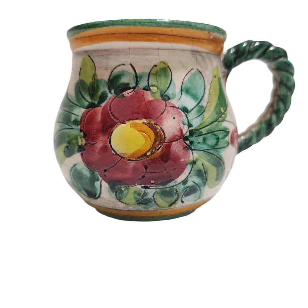 Miriam Italy Handpainted Ceramic Mug Floral Green Red Orange Braided Handle